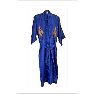 Golden Dragon Kimono Robe Belt Lined Embroidered Dragon Front & Back One Size